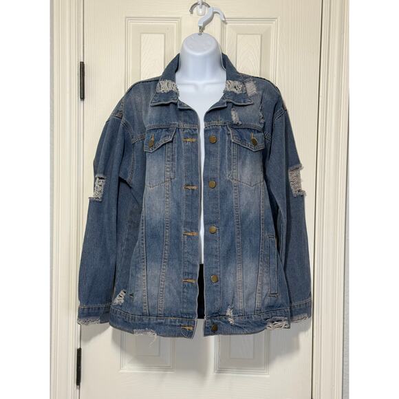 Say What? Women’s Distressed Jean Jacket Size Small Oversized Grunge Denim - Picture 1 of 10